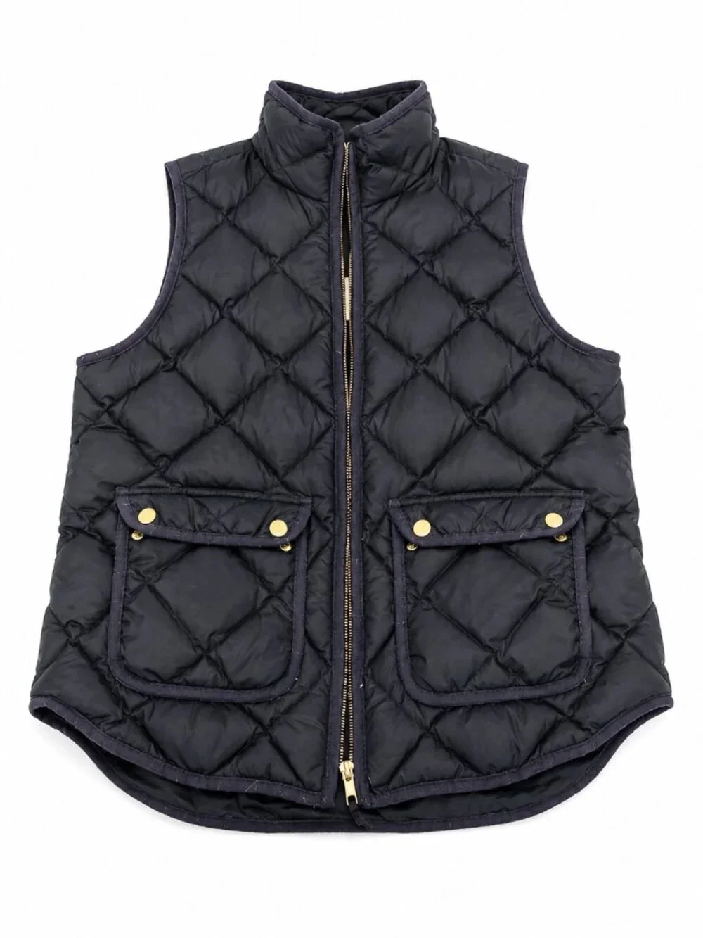 J.Crew Excursion Down Puffer Vest Small Black Quilted Gold Snap Lightweight